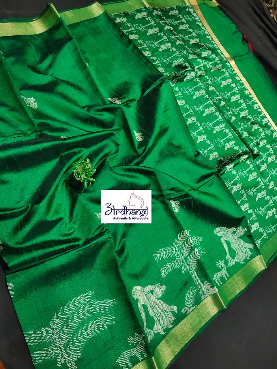 Tussar Pure Silk Art Design Forest Green