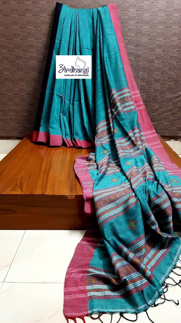 Cotton Khadi Jamdani Teal Blue