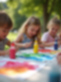 Children happily engaged in colorful painting projects outdoors, vibrant natural daylight,