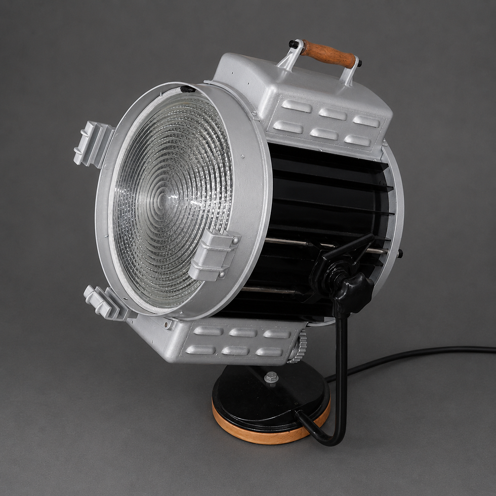 Miniaturbild: Restaurierter ARRI 2 kW Fresnel-Scheinwerfer aus den frühen 1960er Jahren mit warmweißem LED-Licht und massivem Eichensockel