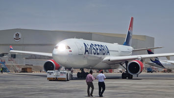 Air Serbia, Airbus 330-200 registration, YU-ARA seen from Etihad Airways Engineering, Abu Dhabi Airport being prepped for Ferry Flight by Vanguard Air Services. Pushing back.