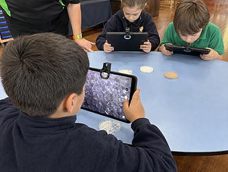 Children examining crystal specimens together during a science activity