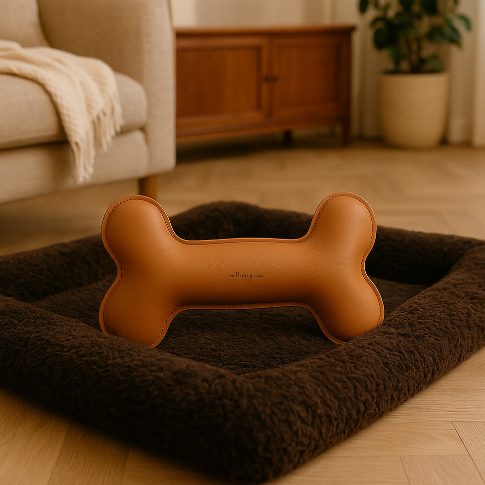 Miniaturbild: Veganes Hundespielzeug in edlem Orange liegt in einem flauschigen dunkelbraunen Hundebett – luxuriöses Accessoire von The Pup