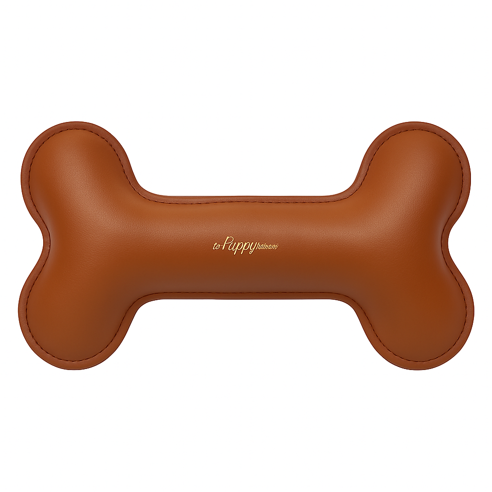 Thumbnail: Luxuriöser brauner Lederknochen für Hunde liegt in einem flauschigen dunkelbraunen Hundebett – stilvolles, veganes Hundespiel