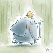 Artski Studio animal character illustration of a bird and an elephant palling around