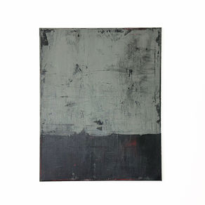 Abstract painting in gray over black canvas, divided by a soft horizon line, with scratched