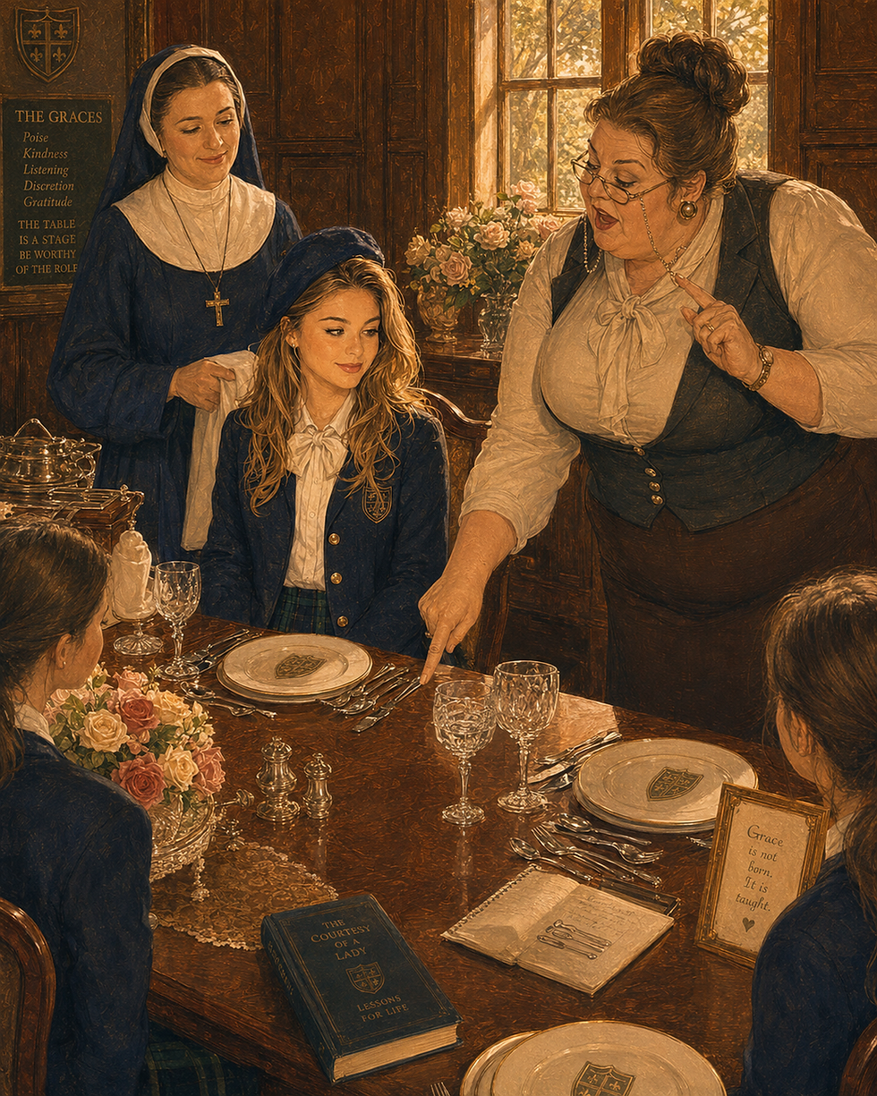 Clase de etiqueta y buenos modales.Marian Heights Academy, Ferdinand, Indiana, EE. UU. Al centro, Marilyn Miles, con quince años, aprendiendo que una mesa bien puesta también tenía reglas, jerarquías y silencios. A su lado, Sister Margaret Elise, siempre serena, vigilando que la lección no perdiera compostura. Y al frente, la inolvidable Mrs. Harrington, maestra de etiqueta, con su chaleco a punto de rendirse, sus lentes modernos y esos tacones que merecían monumento por sostener semejante autoridad.