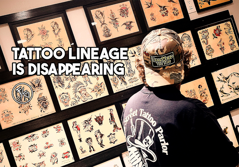 Tobias Peltier exploring Lucky Tattoo Museum with overlay text “Tattoo Lineage Is Disappearing” highlighting tattoo history and lineage preservation