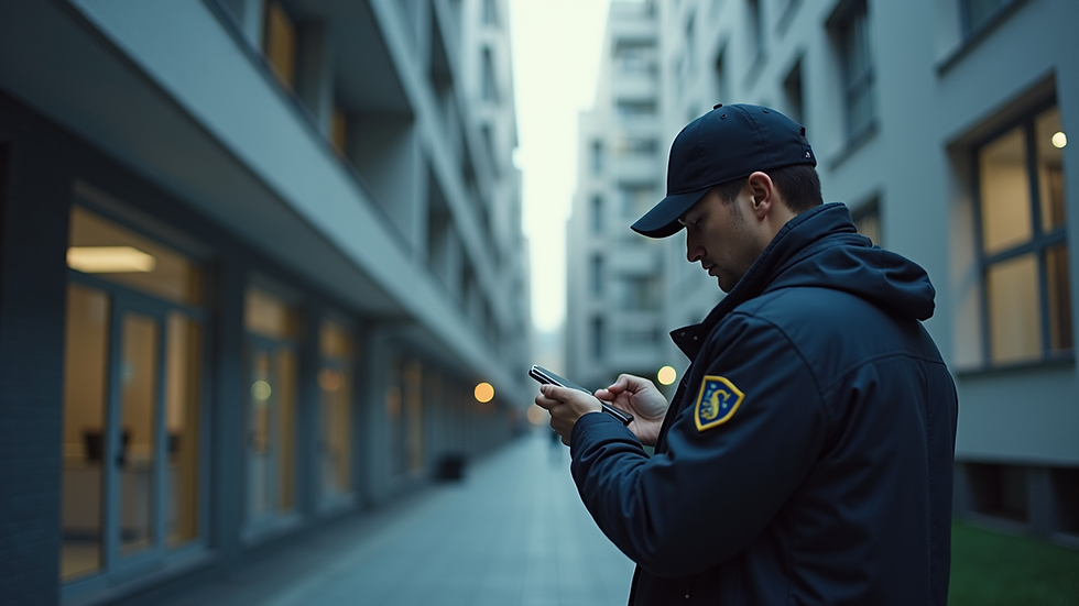 Eye-level view of a security guard monitoring a property with a digital device
