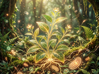 輝く野草を中心に、周囲に細胞やミトコンドリアのミクロな光のネットワークが描かれた神秘的な森の画像。
