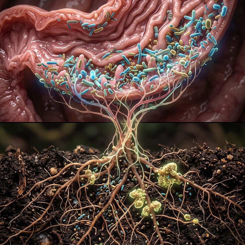上半分に人間の腸内細菌の生態系、下半分に土壌の植物の根とバクテリアの生態系が描かれ、双方が根脈を通して美しく繋がっている比較画像