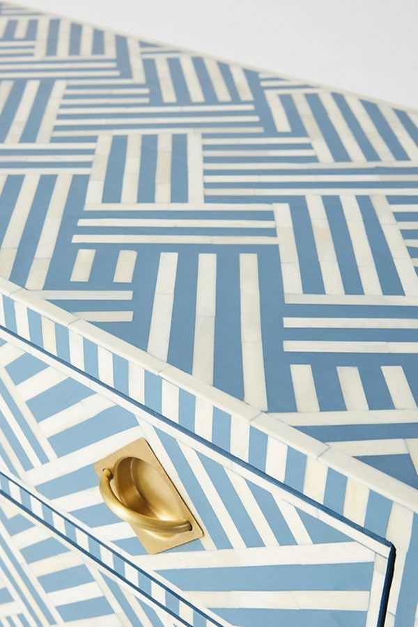 bone inlay chest of drawers blue and white stripe pattern