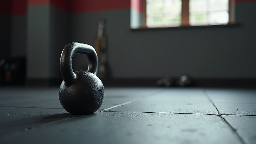 Close-up view of a kettlebell on gym floor