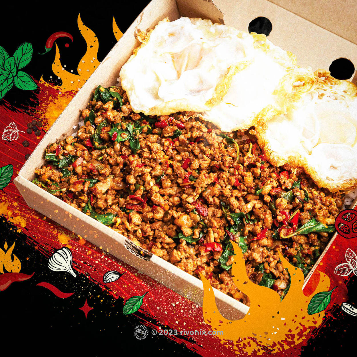 ออกแบบภาพโฆษณากะเพราหมูสับไข่ดาว-ออกแบบตกแต่งป้ายเมนูร้านอาหาร-สติ๊กเกอร์ไดคัทติดกระจก-เมนูผัดกะเพราโบราณ-ร้านอาหารแบรนด์เสือเสวย-กะเพราโบราณ-มุมมองที่1