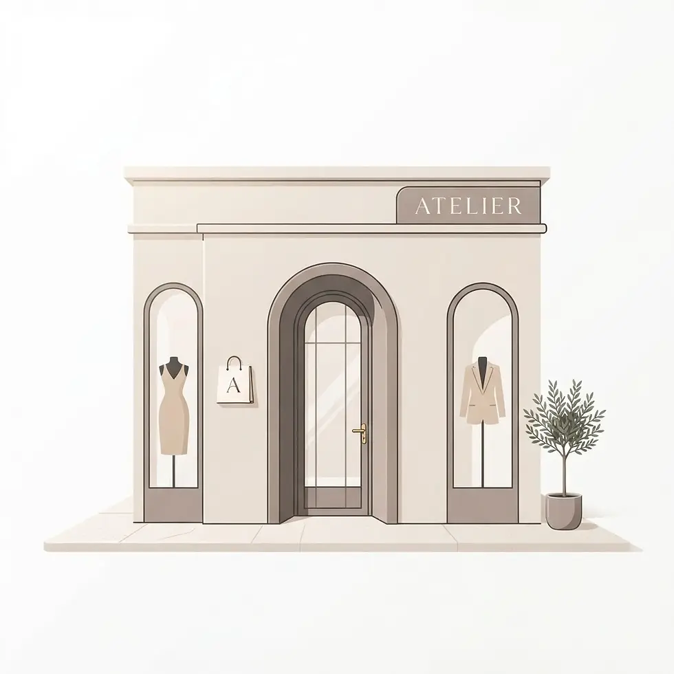 Digital illustration of an elegant atelier storefront. The facade features display windows showcasing a dress and a suit jacket.