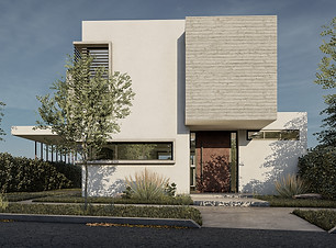 Fachada frontal de vivienda unifamiliar con bloque en planta alta en voladizo