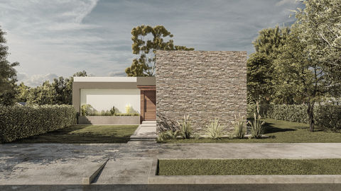Proyecto de arquitectura de vivienda unifamiliar de una planta, con terminaciones en piedra laja
