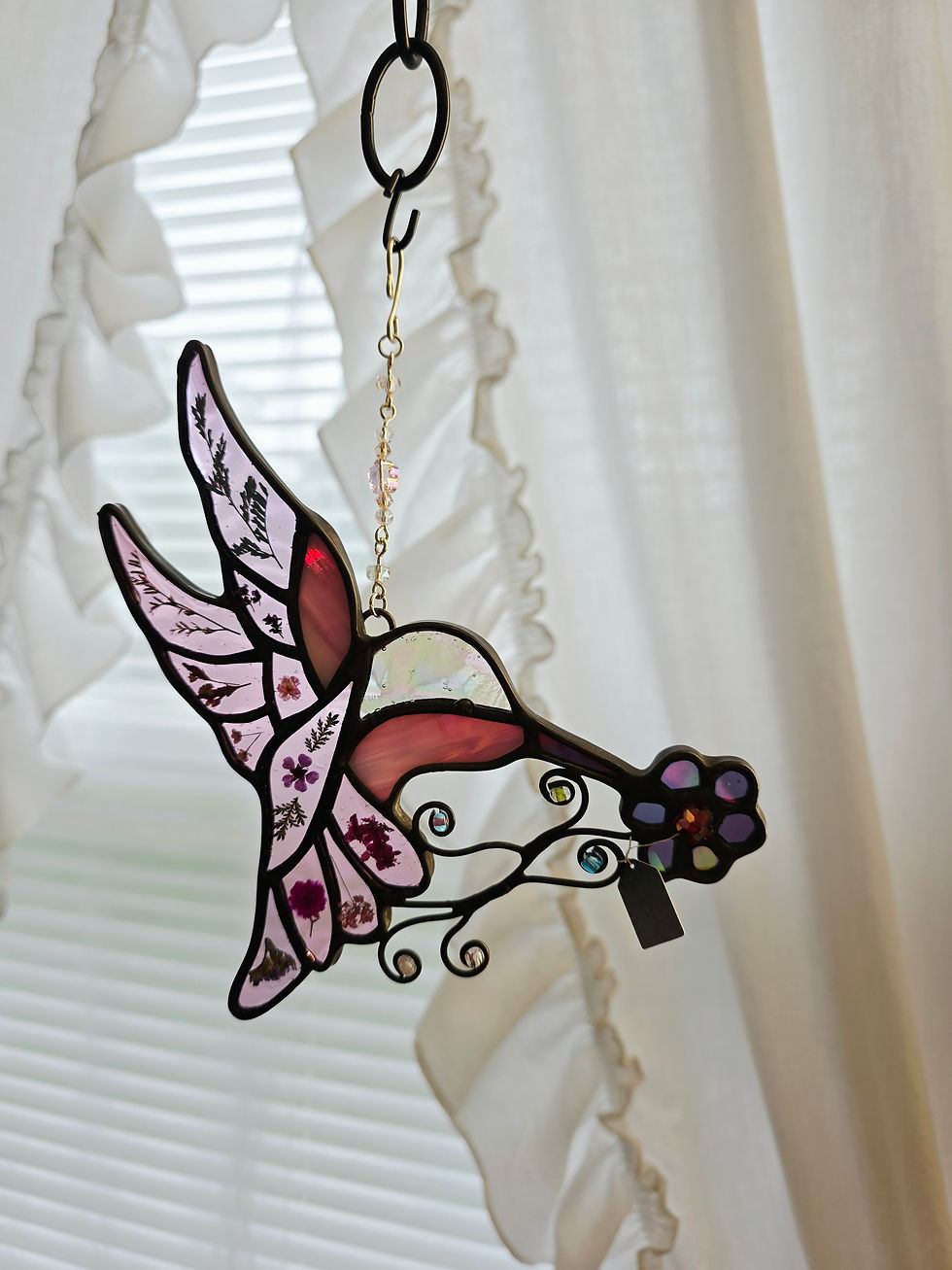 Thumbnail: Pressed Flower Hummingbird Stained Glass Suncatcher