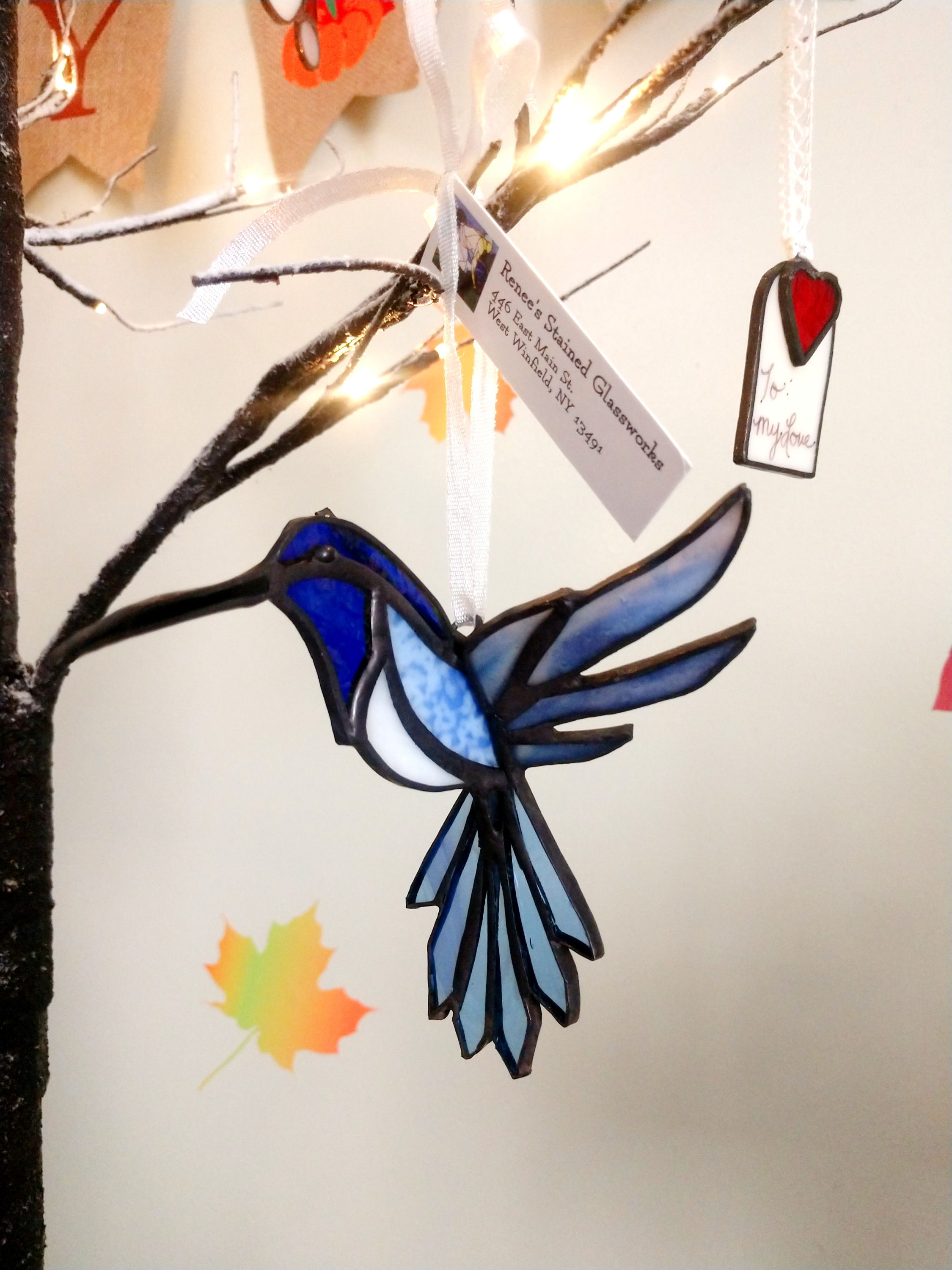 Stained Glass 3D Hummingbird Ornament Size Blue