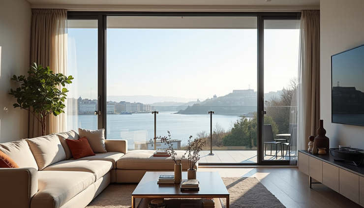 Eye-level view of modern living room in Cardiff Bay rental with large windows and waterfront view