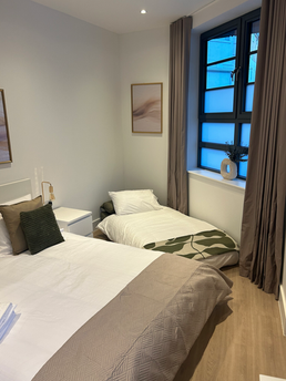 Modern bedroom with twin beds and window