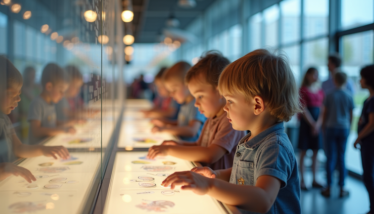 Eye-level view of children exploring interactive science exhibits at Techniquest Cardiff