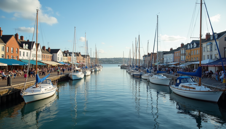 Wide angle view of Cardiff Bay waterfront with boats and dining terraces