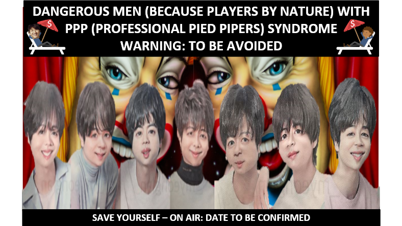 Kpop group called BTS with their distorted faces. Clowns watching in the background.