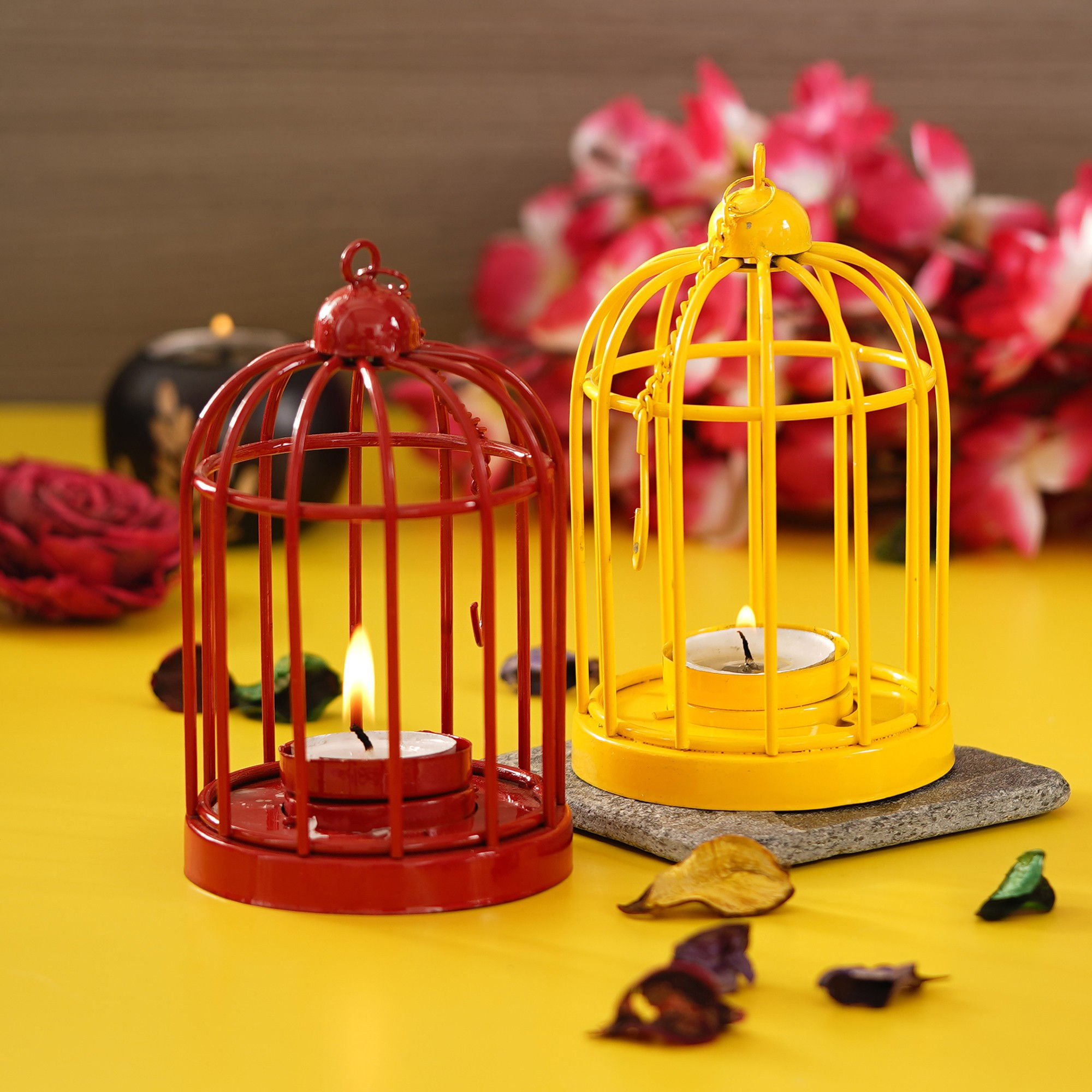 eCraftIndia Pack of 2 Cage Lantern Iron Tealight Holder
