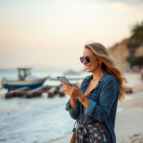 Happy lady working on phone on the beach.jpg