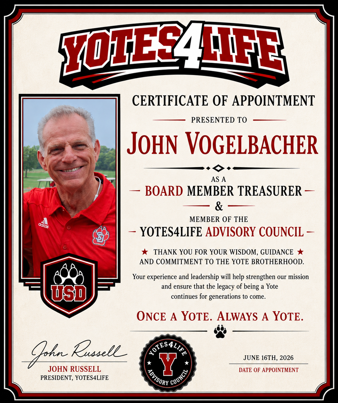 Yotes4Life certificate of appointment for John Vogelbacher