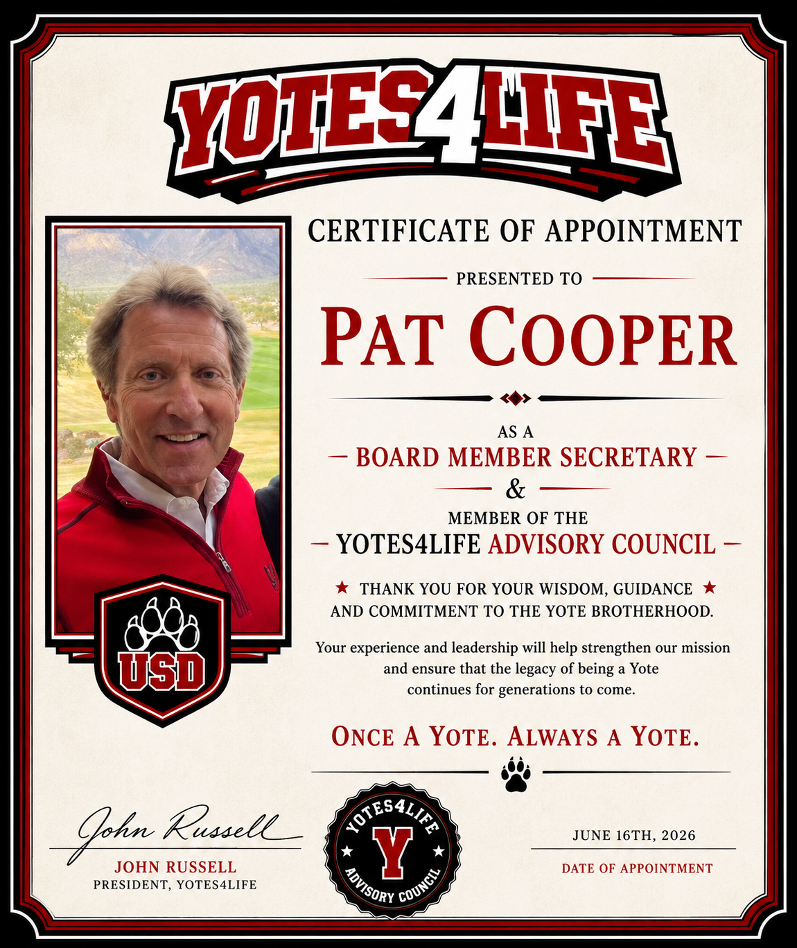 Yotes4Life certificate of appointment for Pat Cooper