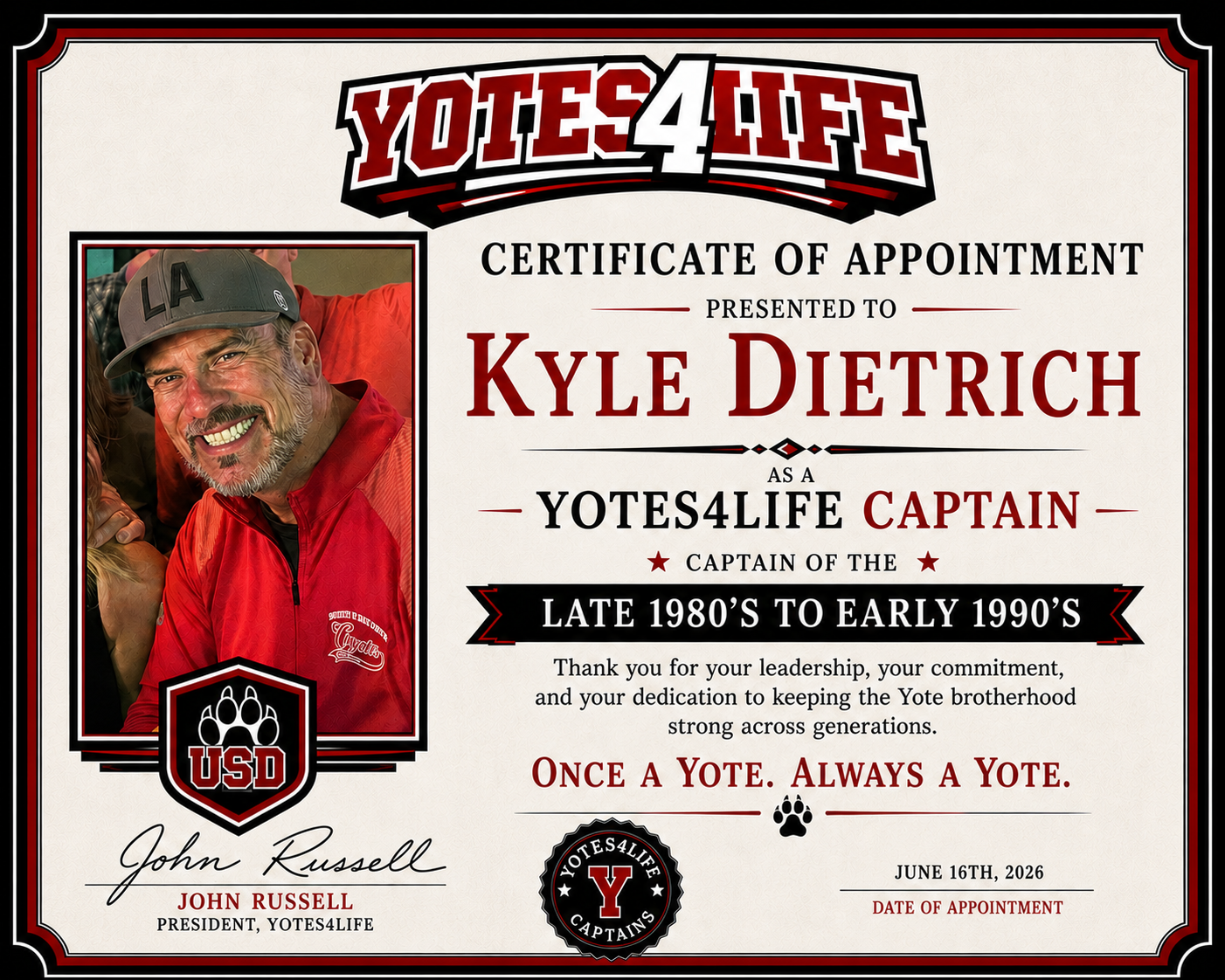 Yotes4Life Captain certificate of appointment for Kyle Dietrich
