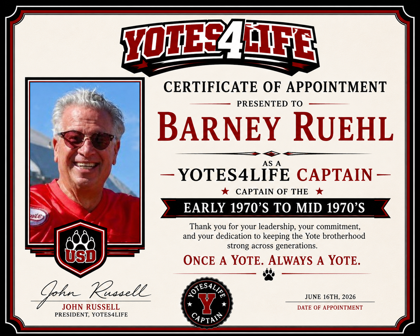 Yotes4Life Captain certificate of appointment for Barney Ruehl