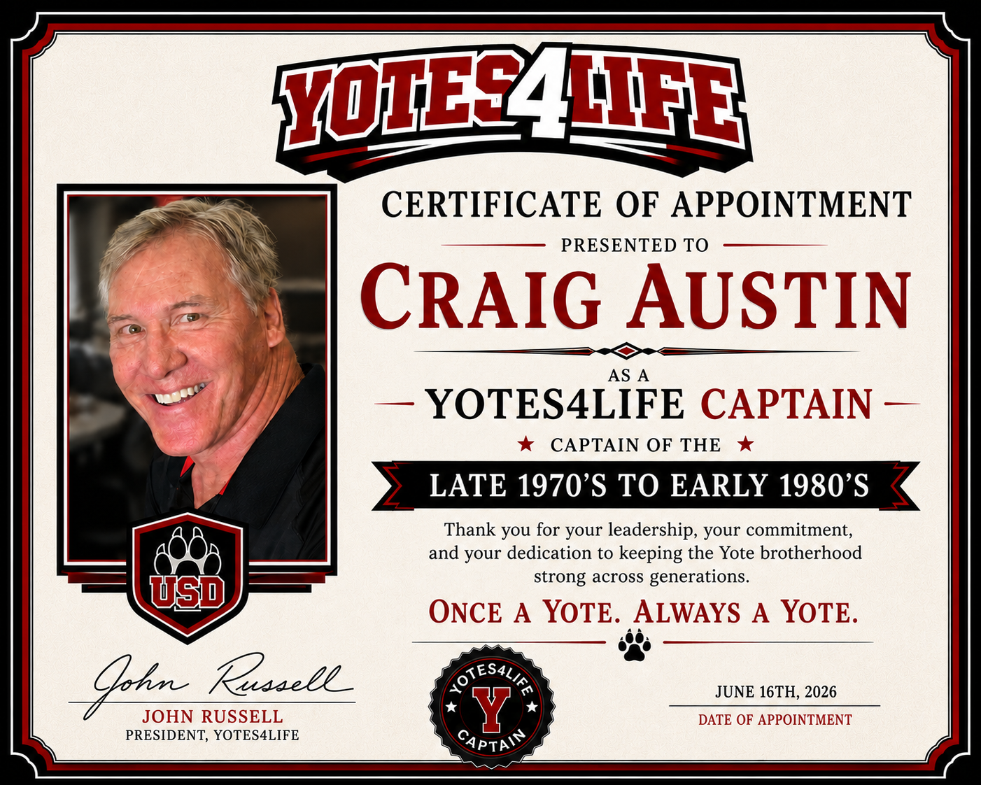 Yotes4Life Captain certificate of appointment for Craig Austin