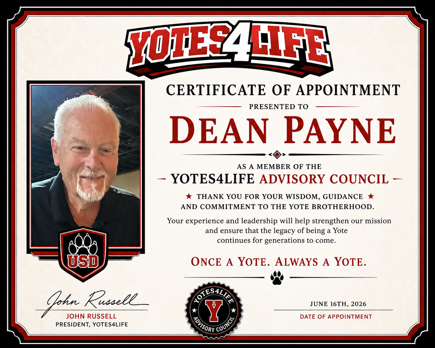 Yotes4Life certificate of appointment for Dean Payne