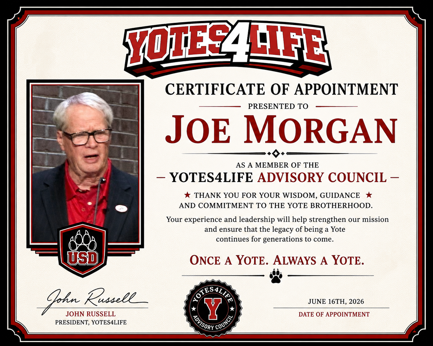 Yotes4Life certificate of appointment for Joe Morgan