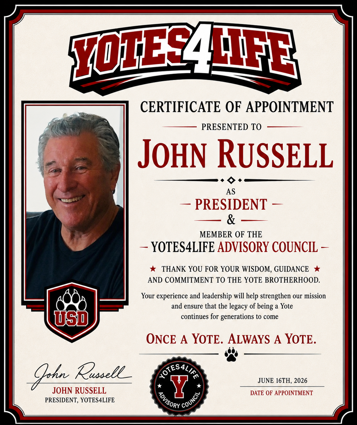 Yotes4Life certificate of appointment for John Russell