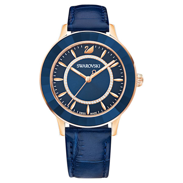 Octea Lux Watch Leather strap, Blue, Rose-gold tone PVD