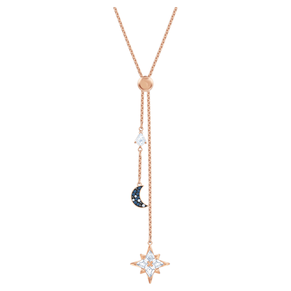 Swarovski Symbolic Y necklace Moon and star, Blue, Rose-gold tone plated