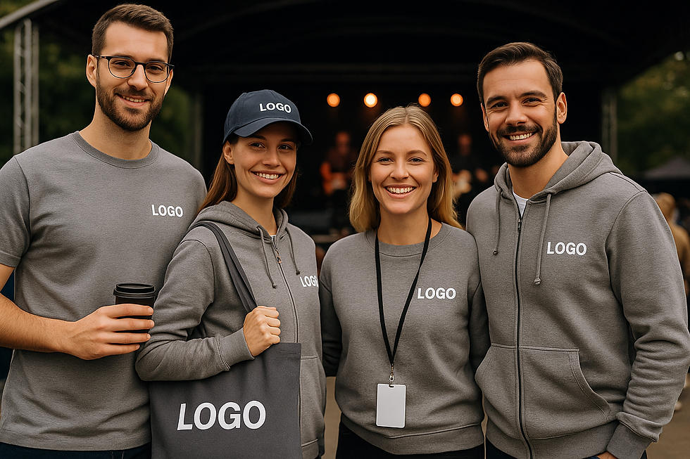 Grupa osób ubranych w spójną odzież reklamową na evencie firmowym, koncercie — przykład profesjonalnego wizerunku marki.