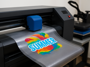 Proces nadruku DTF — drukarka nanosząca grafikę na folię transferową przed przeniesieniem na tkaninę.