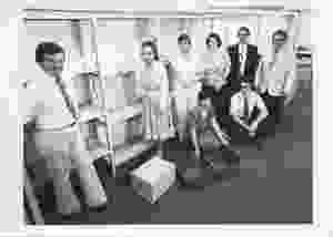 Left to right standing: Clark Stewart; Lorraine Bigrigg; Anonymous; Betty Oberski; Lloyd Howarth; Doug Simpson. Kneeling: Norma Wright and me Ted Smith. Photo by Boschler