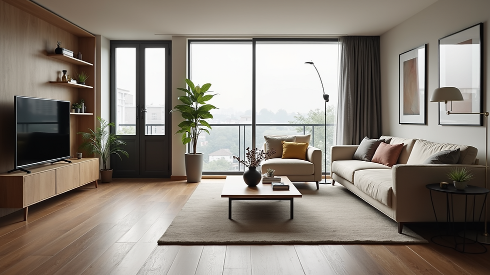 Eye-level view of a modern urban living room with multifunctional furniture