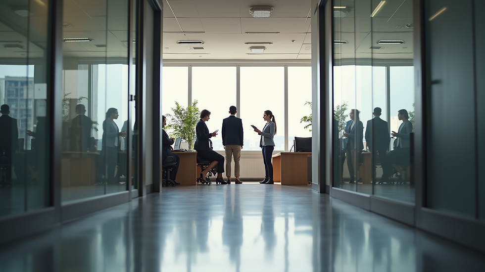 Eye-level view of a modern real estate office with agents discussing property listings