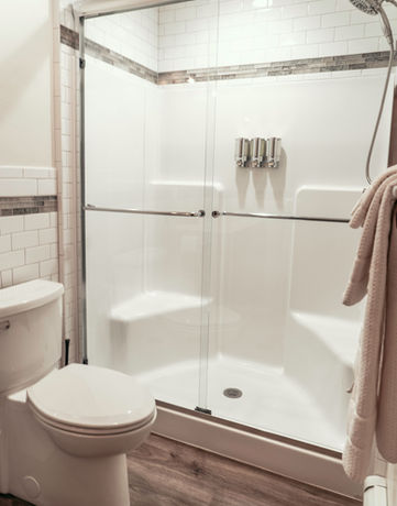A decorative bathroom in a beautiful and rustic mountain inn and events venue