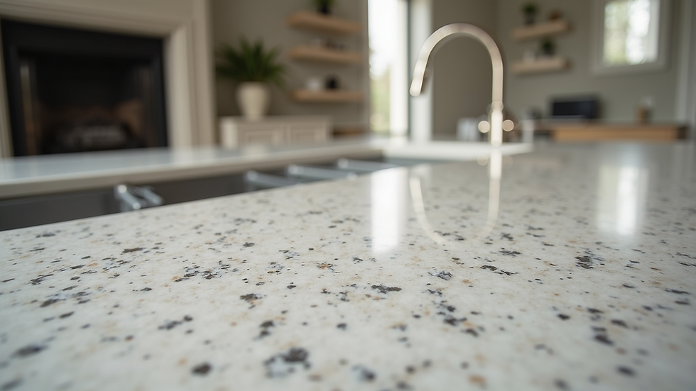 Close-up view of polished granite countertop with natural veining