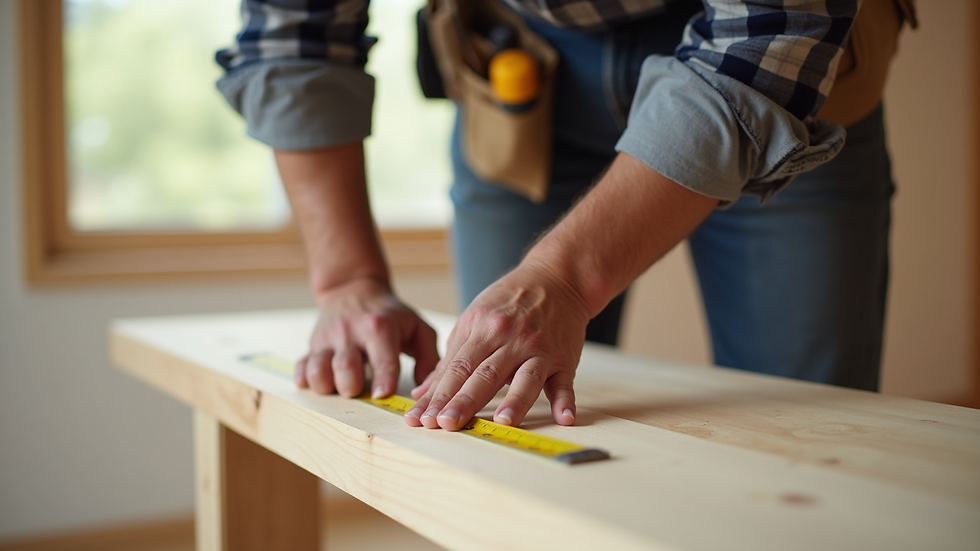 Close-up view of a contractor measuring wood for a home renovation project