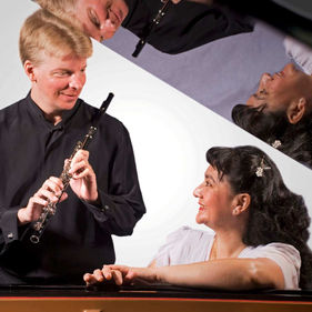 A musician plays the flute passionately, while a woman elegantly rests her hand on a grand piano