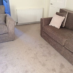 A cosy living room with beige carpet, a brown sofa with a cream pillow